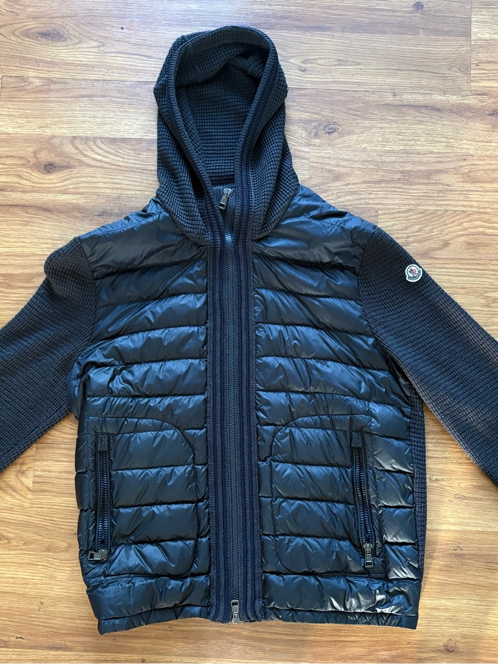 Moncler Navy Quilted Hooded Puffer with Knit Sleeves